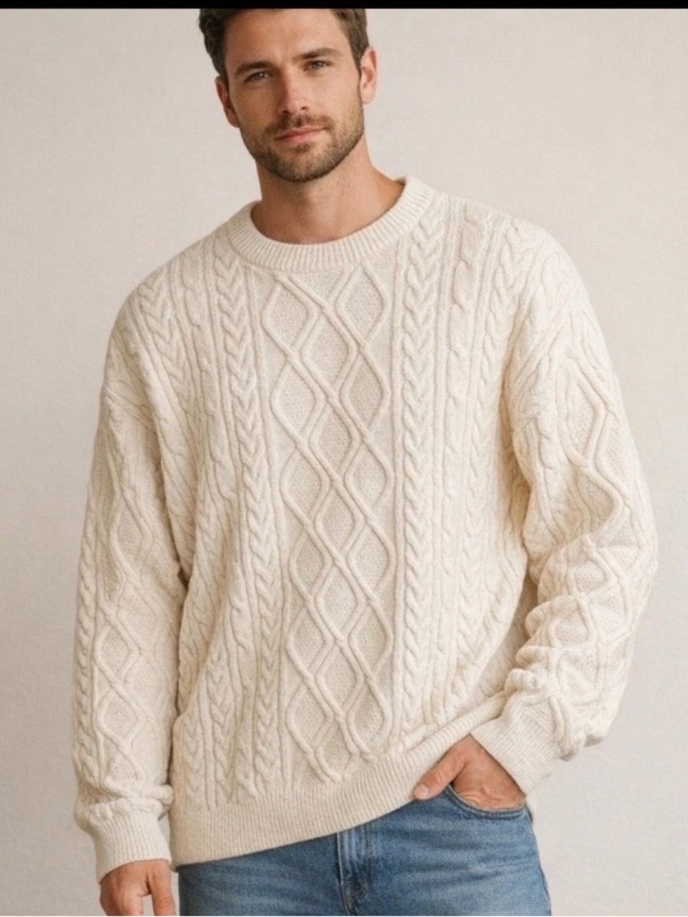 AELFRIC EDEN MEN'S XL IVORY RETRO 90S CABLE KNIT SWEATER